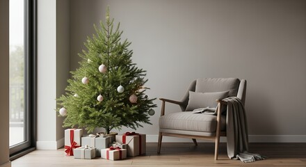 Elegant Christmas tree with gifts in cozy modern living room, perfect for holiday promotions or festive background designs, bringing warmth and cheer for a joyful season