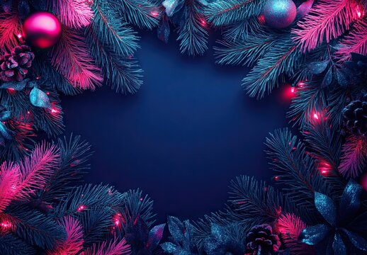 A vibrant neon wreath of pink and teal pine branches with glowing lights and red ornaments on a dark blue background - Powered by Adobe