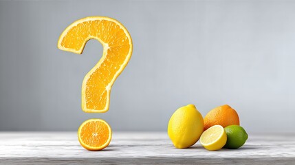 Naklejka premium Orange Question Mark Made Of Citrus Slice. Lemons, Limes, Oranges On Wooden Table. Gray Background With Space For Text. Concept For Diet Or Curiosity