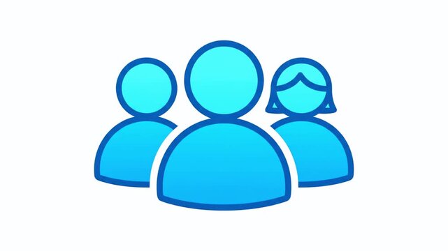 A stylized vector illustration of three people icons, two men and a woman, in blue and white