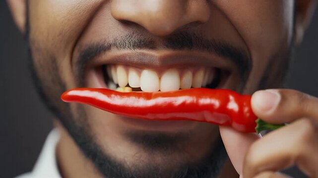 Man Biting into a Fresh Red Chili Pepper, Close-Up on Mouth and Teeth