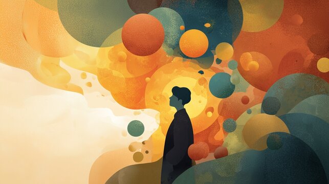 Silhouette amidst colorful spheres symbolizes emotional balance through mindfulness meditation.