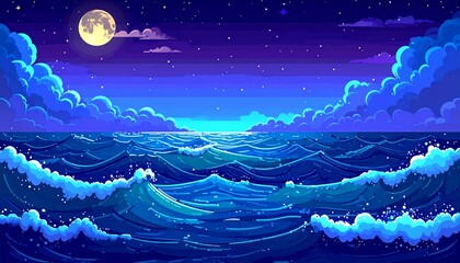 Animated pixel art sea waves background. Seamless loop animation of seascape at nigh