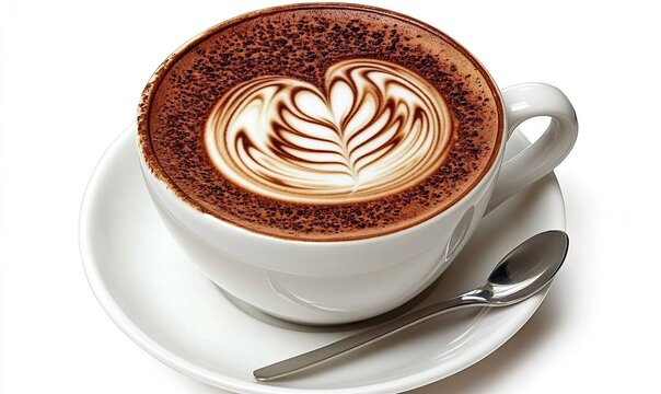 A close-up of a cappuccino with detailed floral latte art in a white cup on a saucer with a silver spoon