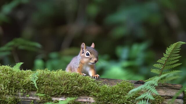 An Alert and Curious Reddish-Brown Squirrel jumping and Peeking Over a Mossy Log in a Lush Forest with Ferns