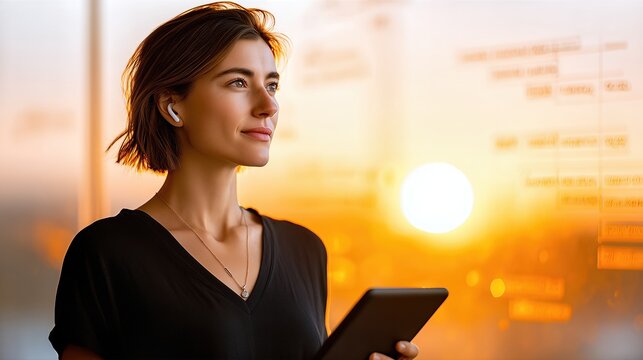 Young Businesswoman With Short Hair And Earbuds Holding Tablet At Sunset. Confident Female Professional In Black Blouse Gazing Out Office Window. Leadership And Future Vision. Copy Space Right