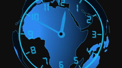 Blue Digital Earth Globe with Clock Face and Hands on Dark animation Background world. Blue Earth globe animation, clock interface with moving hands, dark backdrop, world time visualization. - Powered by Adobe
