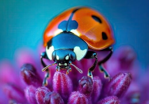 A red ladybug with black spots perched on a soft pink flower petal in macro detail