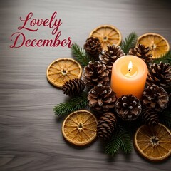 Glowing Candle Surrounded by Pine Cones and Dried Orange Slices on Wooden Table Lovely December