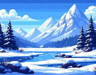 Pixel art depicting a frozen landscape with snow-covered mountains, trees,