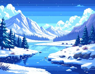 Pixel art depicting a frozen landscape with snow-covered mountains, trees,