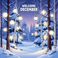 Magical Snowy Forest with Glowing Lanterns Hanging from Frosted Branches Welcome December