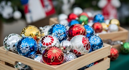 Assortment of Colorful Christmas Ornaments in Wooden Crates