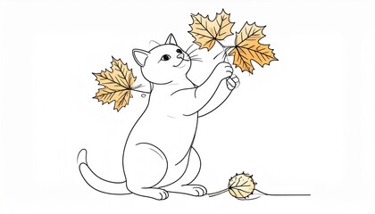Simple line art illustration of cat playing with chestnut leaves. Perfect for colori