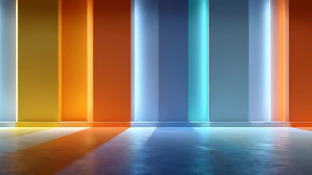 Abstract room with vertical glowing panels in vibrant colors reflecting on a textured floor