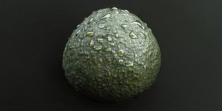 A single textured green fruit with water droplets on a dark gray background