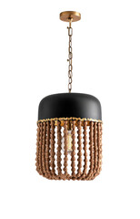 Hanging lamp with wood beads, black top, and gold chain