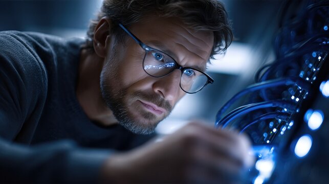 Focused IT Technician Inspecting Server Rack Cables In Blue Lit Data Center. Male Engineer Working With Precision In High-Tech Environment