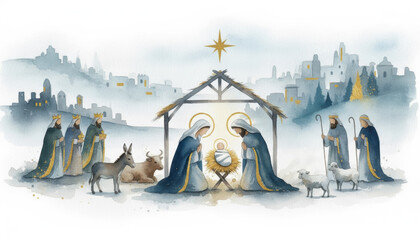 A beautiful watercolor nativity scene. Mary, Joseph, wise men, and shepherds adore baby Jesus in the manger, with the Star of Bethlehem shining over the city of Bethlehem.