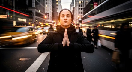 Person meditating in busy city street, symbolizing calm amidst chaos through breathing techniques.