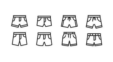 Collection of eight black and white shorts icons in a silhouette style