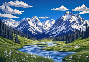 A stylized illustration of snow-capped mountains, a winding river, and evergreen forests under a clear blue sky