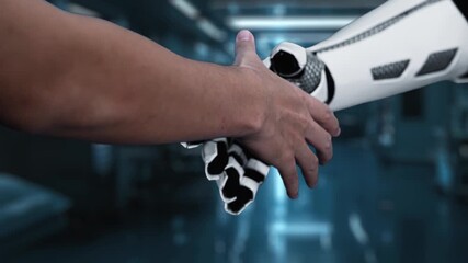 Close up of robot hand and human hand shaking hand with human anatomy hologram. AI and human working together or making agreement with x ray holographic floating with blurring laboratory. Salubrious. - Powered by Adobe