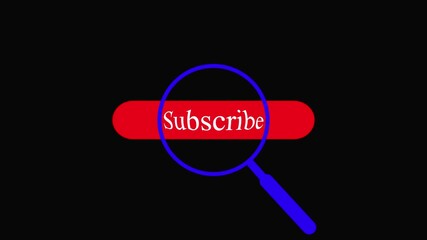 Magnifying glass over red bar with text Subscribe lens zoom animation. Magnifying glass scanning red subscribe banner with animated zoom effect, perfect for highlighting subscription prompts.