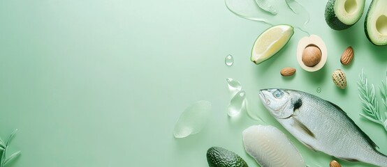 Slices of raw salmon, halved avocado, and scattered green elements on a textured light green background