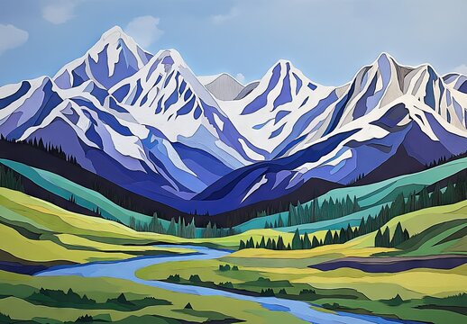 A stylized illustration of snow-capped mountains, a winding river, and evergreen forests under a clear blue sky - Powered by Adobe