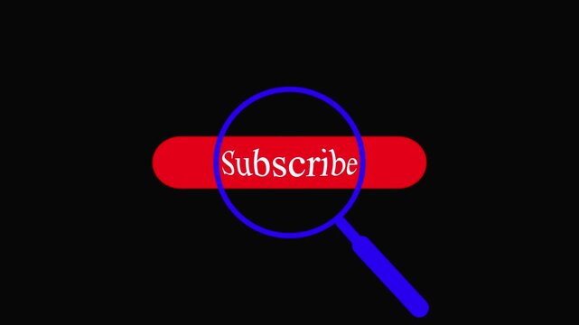Magnifying glass over red bar with text Subscribe lens zoom animation. Magnifying glass scanning red subscribe banner with animated zoom effect, perfect for highlighting subscription prompts.