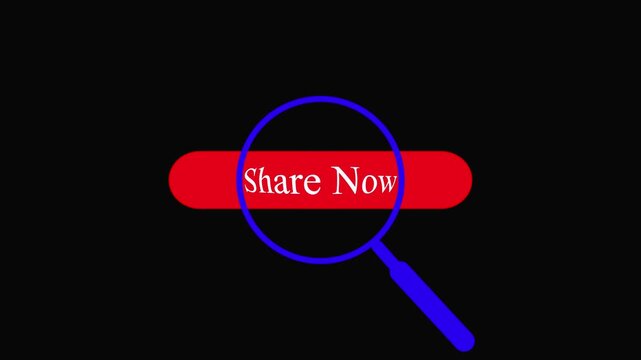 Magnifying glass over a Share text plain red bar on animation black background lens zoom. Close-up lens effect over red Share banner on dark animation background, emphasizing click able social,