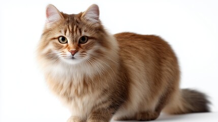 Obraz premium Fluffy orange cat poses thoughtfully against a white background showcasing its vibrant fur