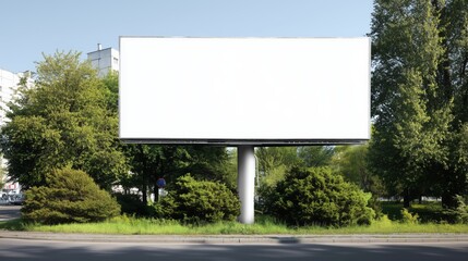 A Large Blank Billboard Surrounded by Lush Greenery in an Urban Environment Ready for New Advertisements