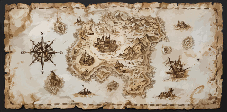 Antiguo mapa detallado de un mundo de fantas&iacute;a con islas, barcos y una rosa de los vientos, mostrando un reino con un castillo central y monta&ntilde;as.