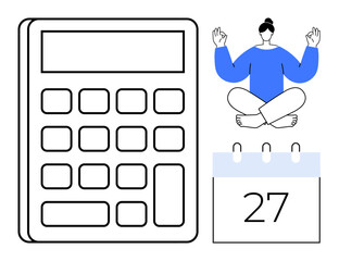 Large calculator, seated person meditating, calendar with date 27. Ideal for balance, time management, mindfulness, financial plan, scheduling relaxation stress relief. Simple flat metaphor