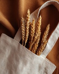 Eco canvas bag holds several stalks of wheat against a brown fabric background.