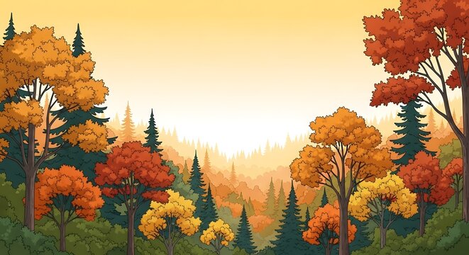 Autumn forest landscape with colorful trees and hazy hills