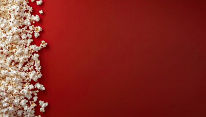 A vibrant red background contrasts with a scattered pile of white popcorn