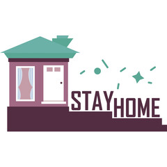 Illustration of a Small House with Teal Roof and Pink Curtains Featuring Text Stay Home and Sparkles on a Transparent Background