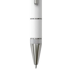 Sleek white pen with chrome accents, focused tip