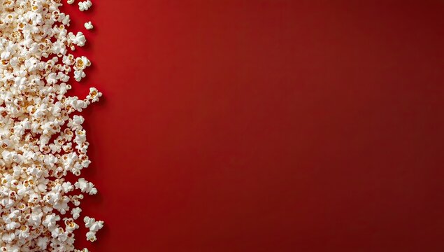 A vibrant red background contrasts with a scattered pile of white popcorn