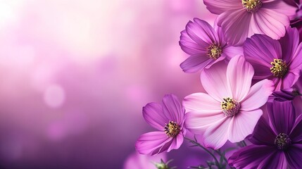 Vibrant purple cosmos flowers in full bloom against a dreamy bokeh background with warm golden light