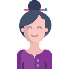 Illustration of a Smiling Asian Woman With Dark Hair In A Top Knot And A Purple Top On A Transparent Background