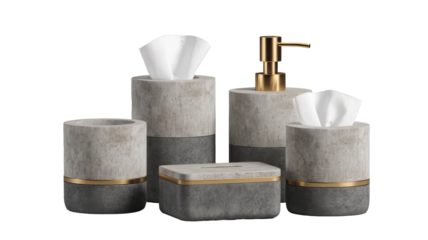 Gray bathroom set with gold trim, including soap and tissue dispensers