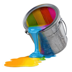 Tilted paint can spilling rainbow colors onto a black surface