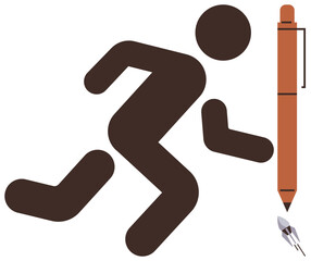 Abstract figure running toward oversized pen symbolizing creativity, determination, and progress. Ideal for goal achievement, innovation, education, writing, motivation, personal growth simple