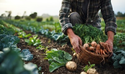 A farmer harvesting fresh vegetables in a field, holding carrots and surrounded by plants.