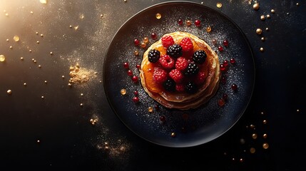 A stack of golden pancakes topped with fresh raspberries, blackberries, and a dusting of powdered sugar on a dark plate with magical golden sparkles