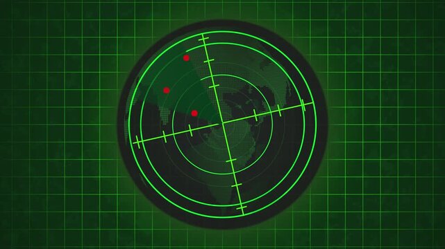 Digital Radar Screen Displaying a World Map with a Red Target Dot and Green Grid Lines earth animation. Dynamic Earth radar screen showing red target point on world map with animated green grid lines. - Powered by Adobe